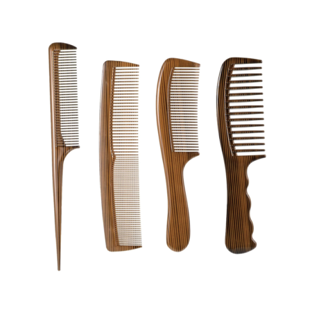 Set of 4 professional hair combs with wood grain finish | Wide-tooth comb / Beard comb / Fine-tooth comb / Tail comb