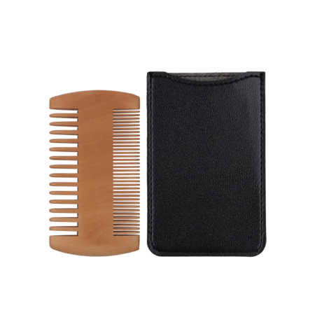 Pear wood double-sided beard comb | Includes genuine leather case | Coarse and fine tooth design, men's beard care