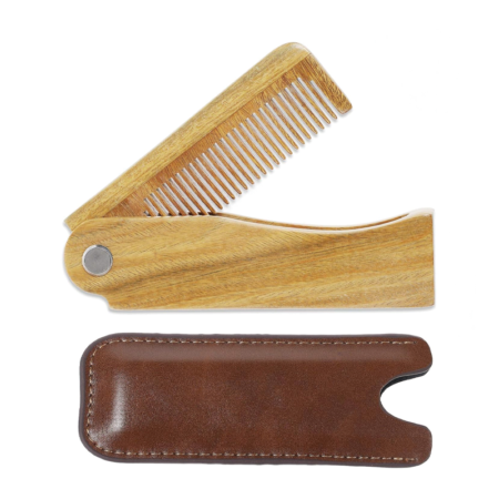 Natural green sandalwood folding beard comb | Fine-toothed design | Comes with a leather case, portable and foldable.