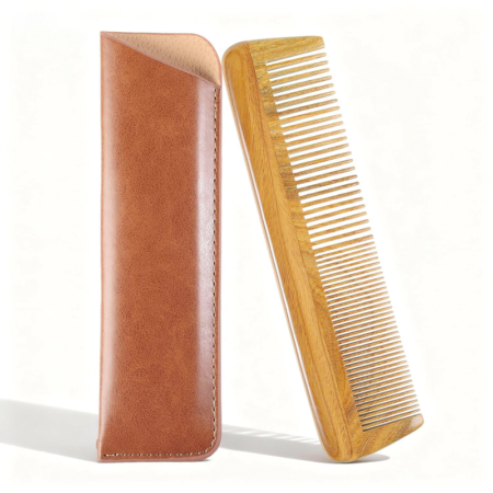 Men's Green Sandalwood Beard and Hair Comb | Long Pocket Comb + Genuine Leather Storage Case