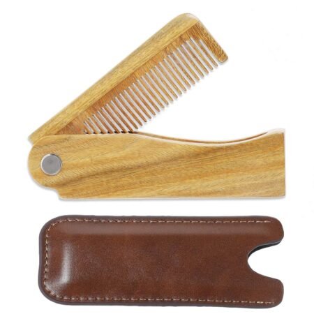 Natural green sandalwood folding beard comb | Fine-toothed design | Comes with a leather case, portable and foldable.